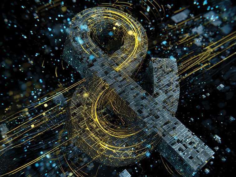 Abstract digital artwork featuring a large metallic ampersand surrounded by swirling yellow and blue light trails