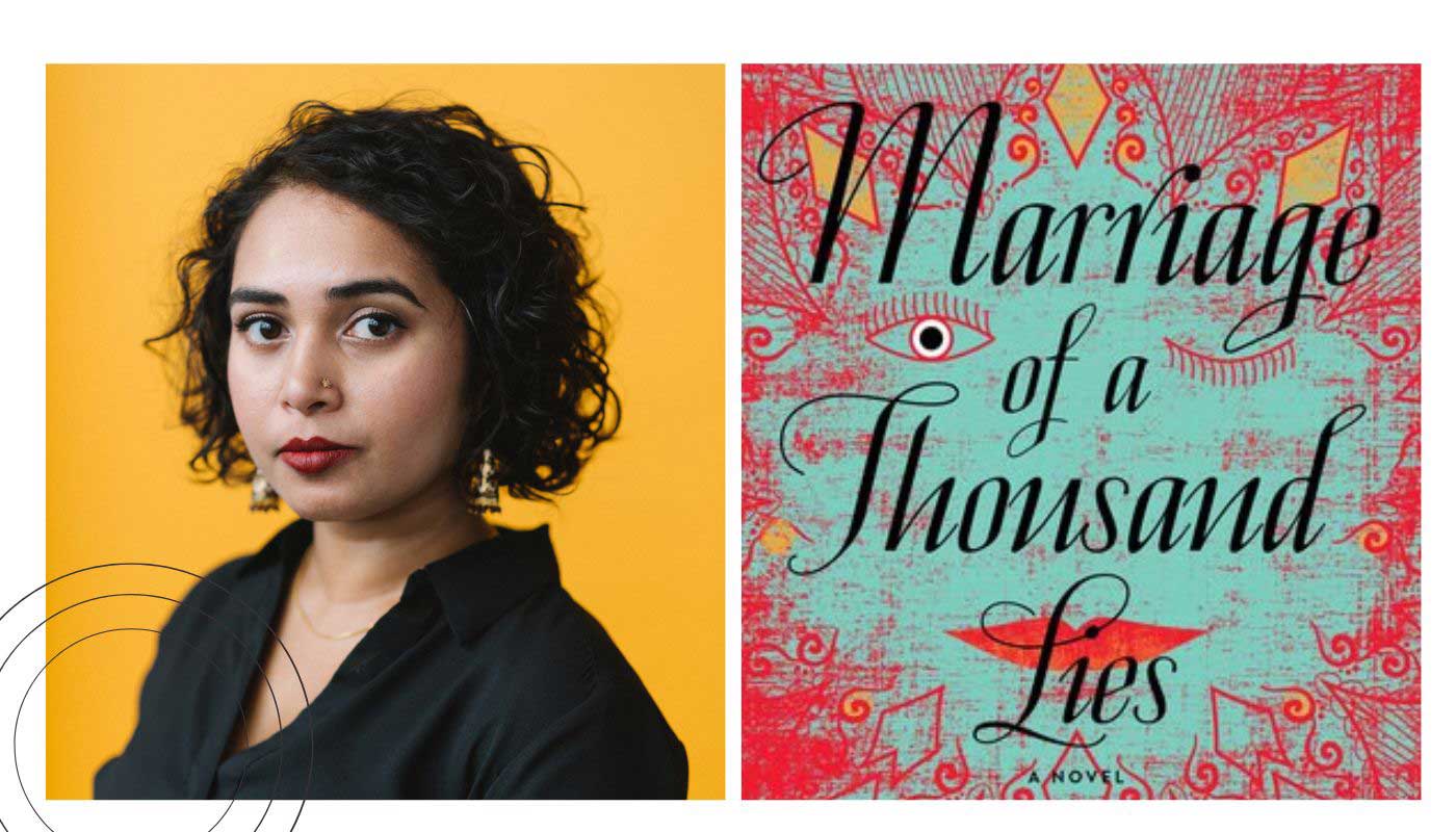 SJ Sindu, Ph.D. and the cover of 'Sindu Marriage of a Thousand Lies'